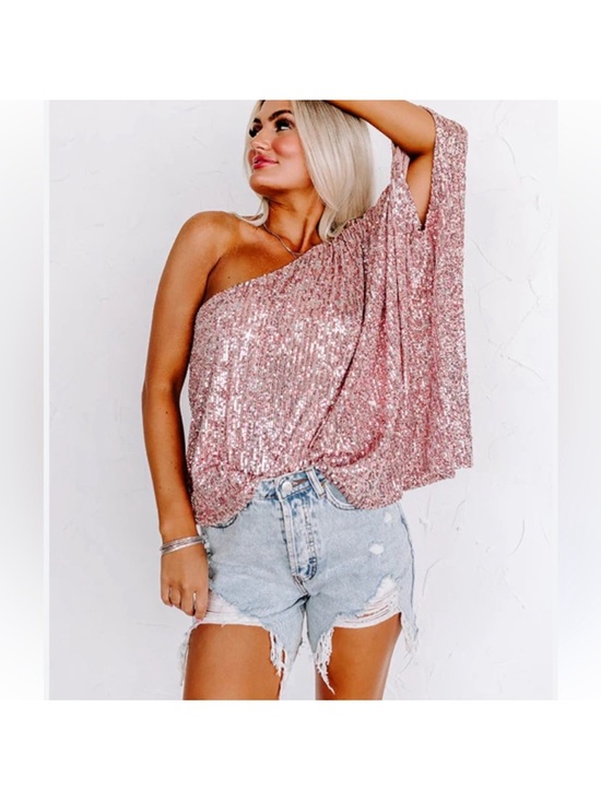 Meritt Tops - Merritt Caramela asymmetrical pink sequins plus size top 3X